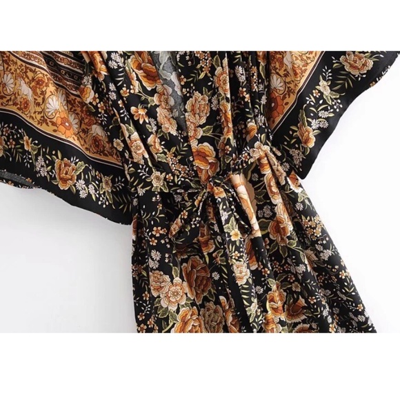 boho black floral print kimono cover up belted wra - Picture 3 of 3
